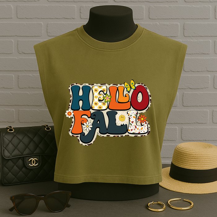 Hello Fall Retro Groovy Pumpkin Season Leopard Autumn Garment-Dyed Women's Muscle Tee