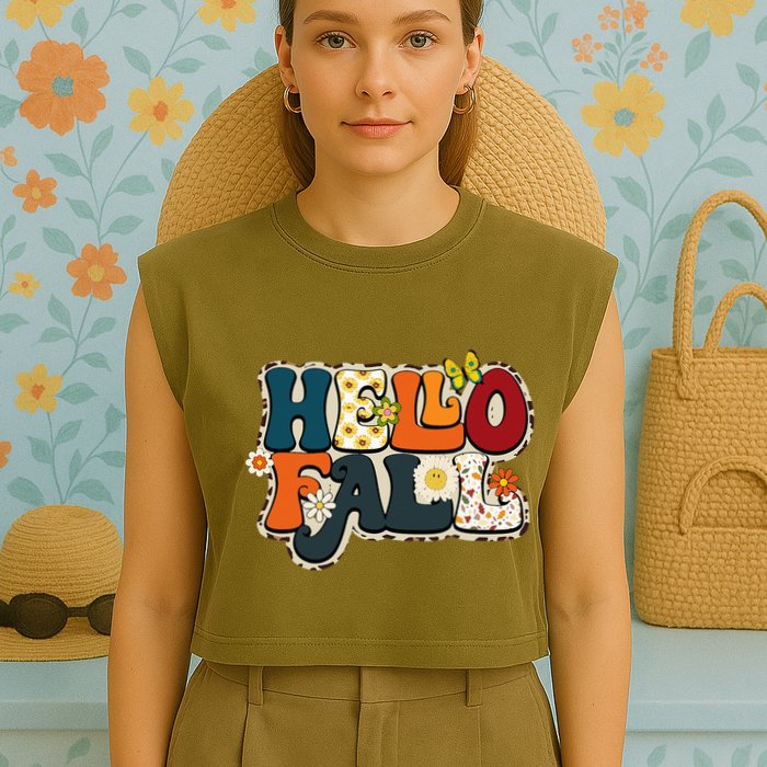 Hello Fall Retro Groovy Pumpkin Season Leopard Autumn Garment-Dyed Women's Muscle Tee