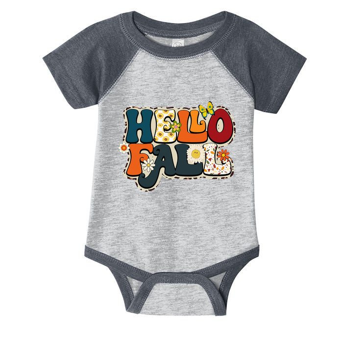 Hello Fall Retro Groovy Pumpkin Season Leopard Autumn Infant Baby Jersey Bodysuit