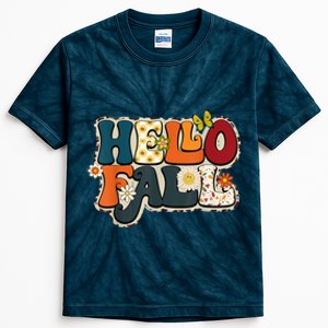 Hello Fall Retro Groovy Pumpkin Season Leopard Autumn Kids Tie-Dye T-Shirt