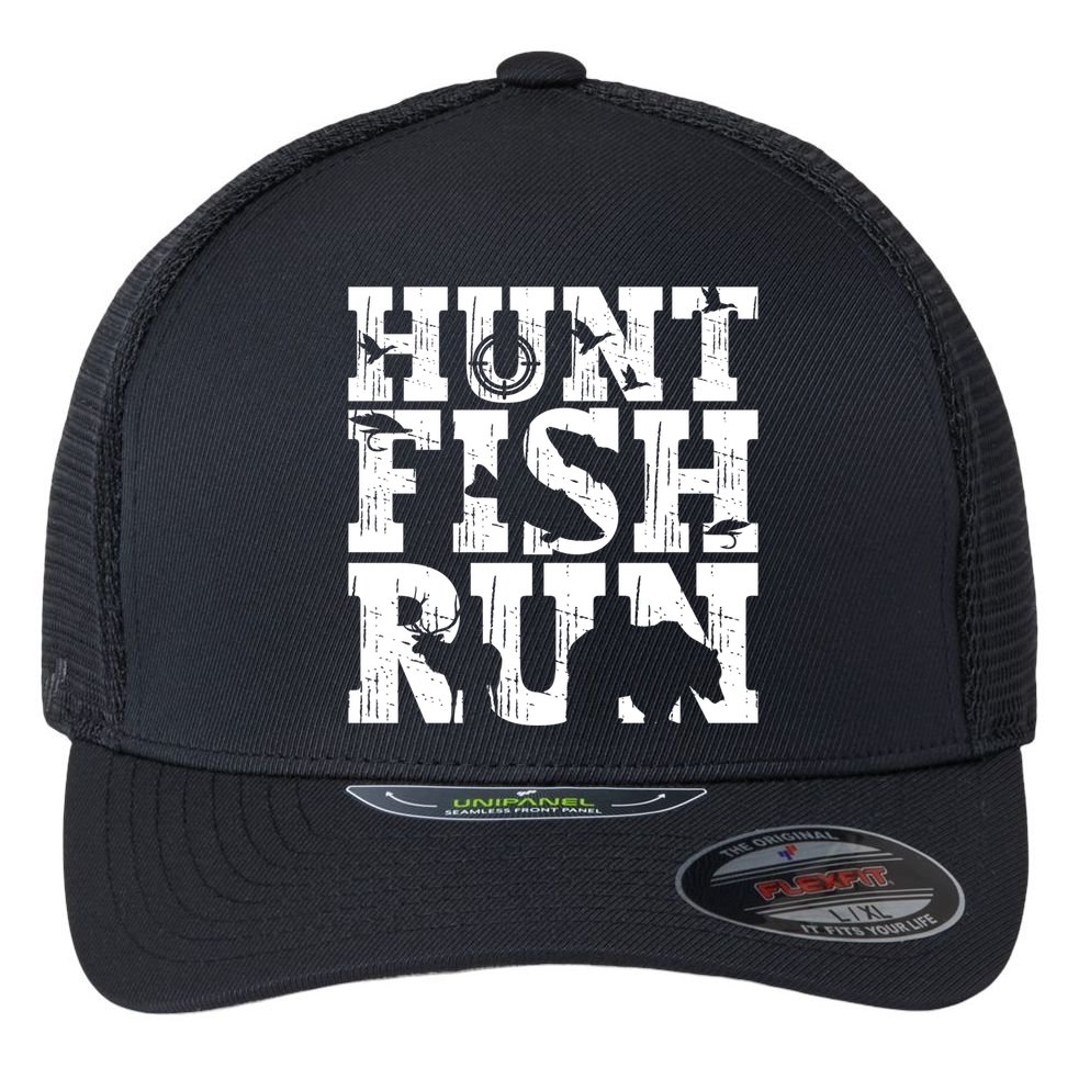 Hunt Fish Run Hunting Fishing Running Hunter Gift Flexfit Unipanel Trucker Cap