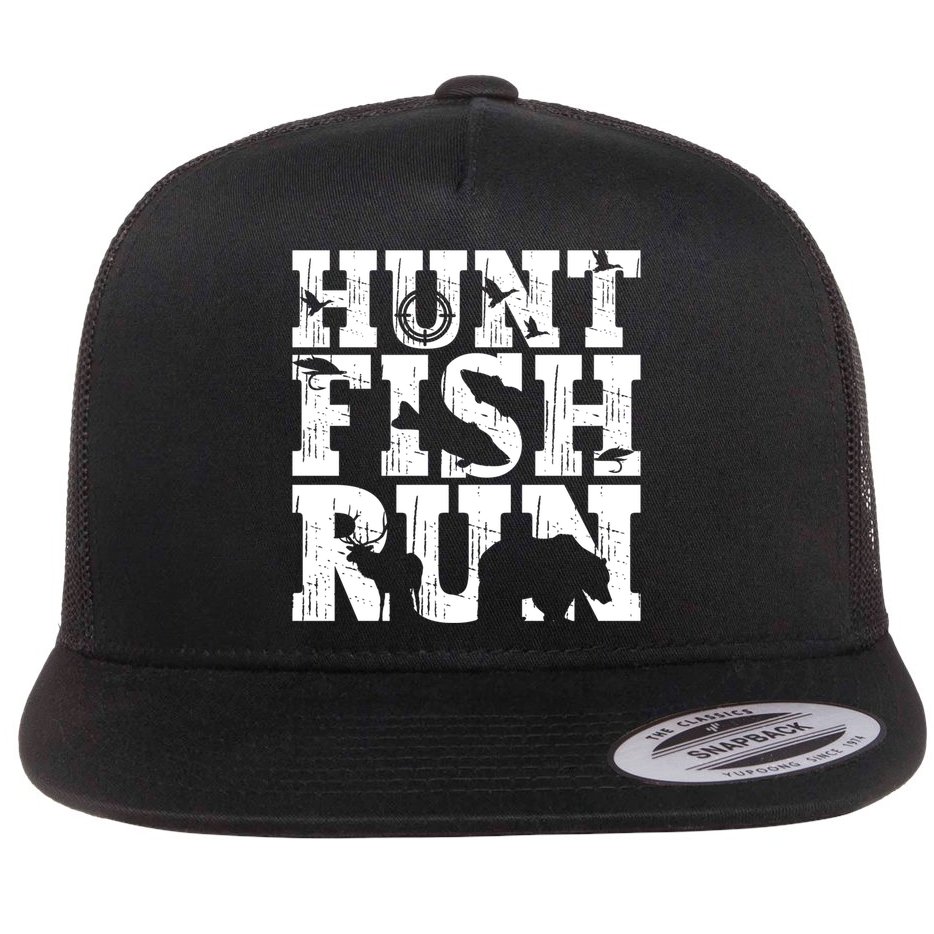 Hunt Fish Run Hunting Fishing Running Hunter Gift Flat Bill Trucker Hat