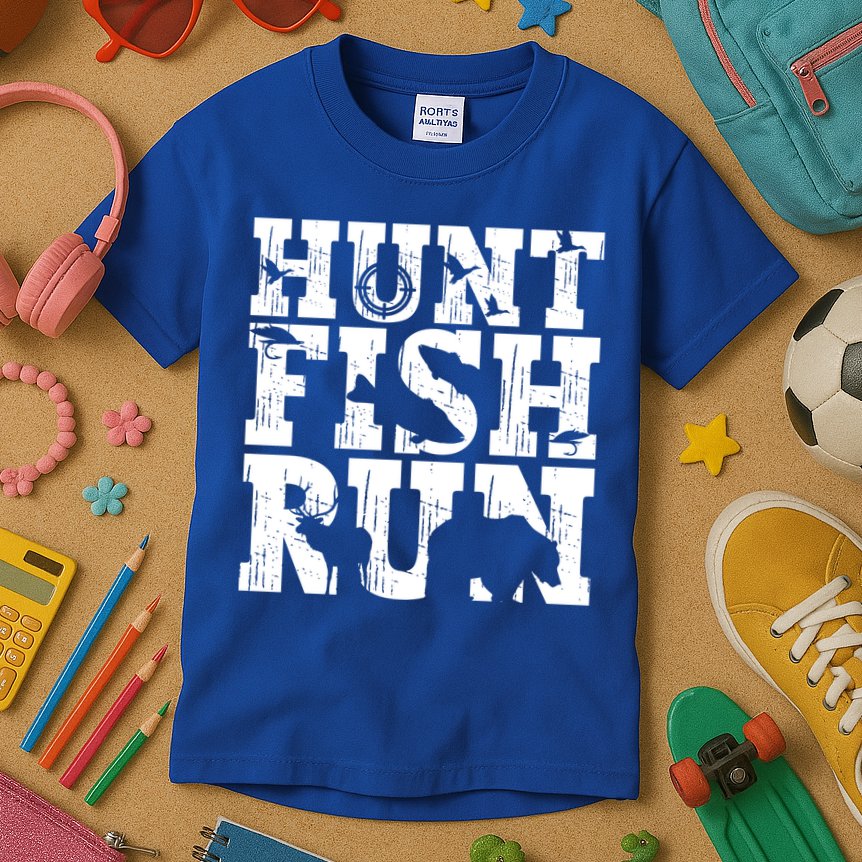 Hunt Fish Run Hunting Fishing Running Hunter Gift Kids T-Shirt