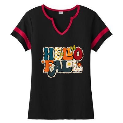 Hello Fall Retro Groovy Pumpkin Season Leopard Autumn Ladies Halftime Notch Neck Tee