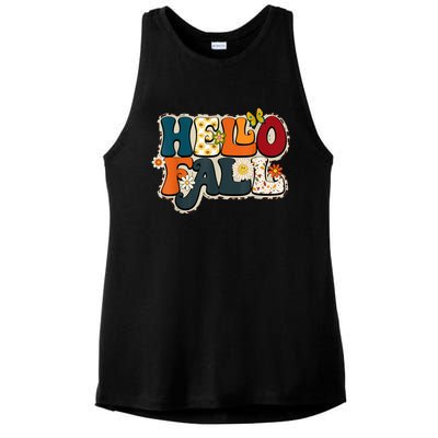 Hello Fall Retro Groovy Pumpkin Season Leopard Autumn Ladies PosiCharge Tri-Blend Wicking Tank