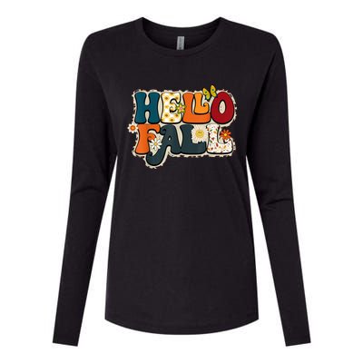 Hello Fall Retro Groovy Pumpkin Season Leopard Autumn Womens Cotton Relaxed Long Sleeve T-Shirt