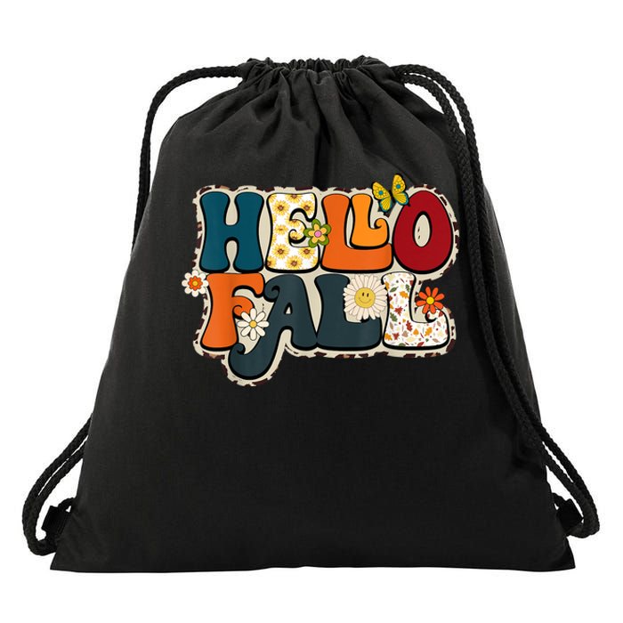 Hello Fall Retro Groovy Pumpkin Season Leopard Autumn Drawstring Bag