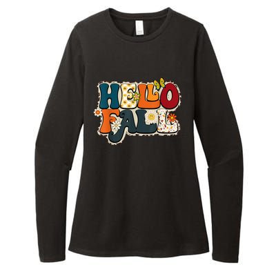 Hello Fall Retro Groovy Pumpkin Season Leopard Autumn Womens CVC Long Sleeve Shirt