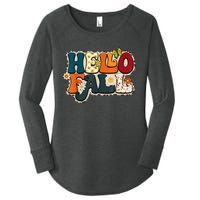 Hello Fall Retro Groovy Pumpkin Season Leopard Autumn Women's Perfect Tri Tunic Long Sleeve Shirt