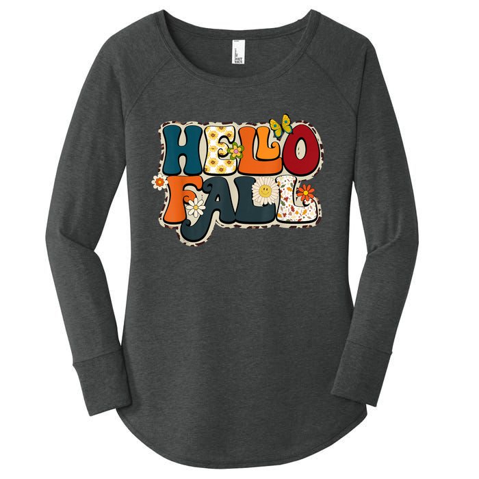 Hello Fall Retro Groovy Pumpkin Season Leopard Autumn Women's Perfect Tri Tunic Long Sleeve Shirt