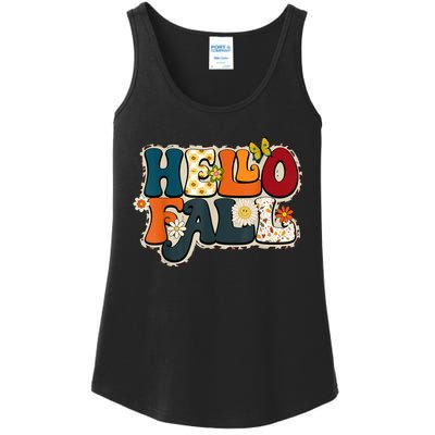 Hello Fall Retro Groovy Pumpkin Season Leopard Autumn Ladies Essential Tank