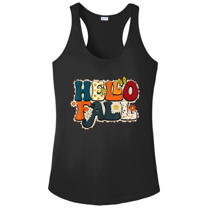 Hello Fall Retro Groovy Pumpkin Season Leopard Autumn Ladies PosiCharge Competitor Racerback Tank