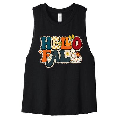 Hello Fall Retro Groovy Pumpkin Season Leopard Autumn Women's Racerback Cropped Tank