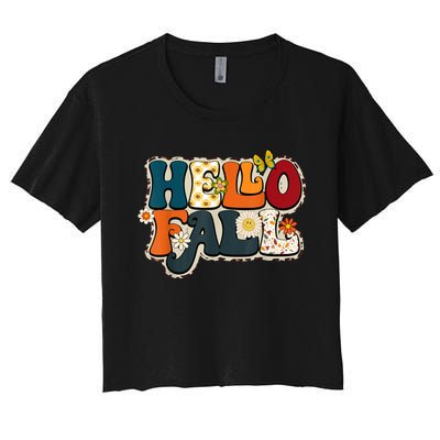 Hello Fall Retro Groovy Pumpkin Season Leopard Autumn Women's Crop Top Tee