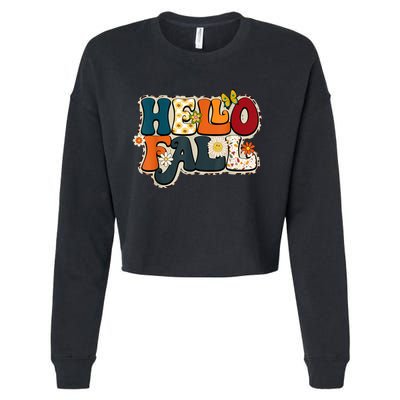 Hello Fall Retro Groovy Pumpkin Season Leopard Autumn Cropped Pullover Crew