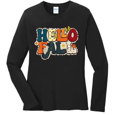 Hello Fall Retro Groovy Pumpkin Season Leopard Autumn Ladies Long Sleeve Shirt