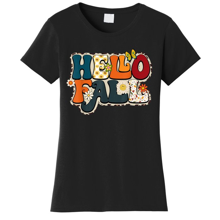 Hello Fall Retro Groovy Pumpkin Season Leopard Autumn Women's T-Shirt