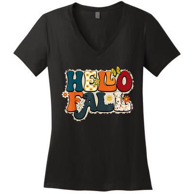 Hello Fall Retro Groovy Pumpkin Season Leopard Autumn Women's V-Neck T-Shirt