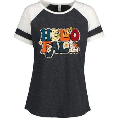 Hello Fall Retro Groovy Pumpkin Season Leopard Autumn Enza Ladies Jersey Colorblock Tee