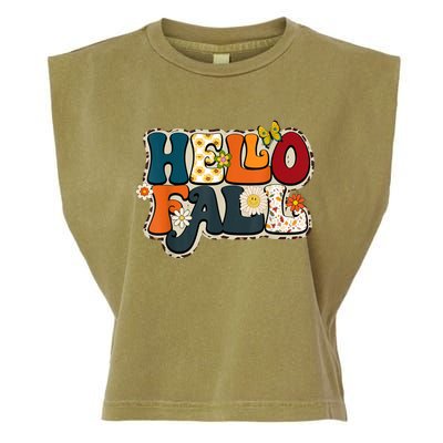 Hello Fall Retro Groovy Pumpkin Season Leopard Autumn Garment-Dyed Women's Muscle Tee