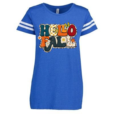 Hello Fall Retro Groovy Pumpkin Season Leopard Autumn Enza Ladies Jersey Football T-Shirt