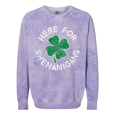 Here For Shenanigans Lucky Clover St Patrick's Day Distress Great Gift Colorblast Crewneck Sweatshirt