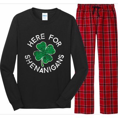 Here For Shenanigans Lucky Clover St Patrick's Day Distress Great Gift Long Sleeve Pajama Set