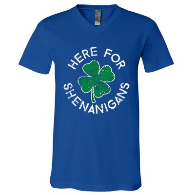 Here For Shenanigans Lucky Clover St Patrick's Day Distress Great Gift V-Neck T-Shirt