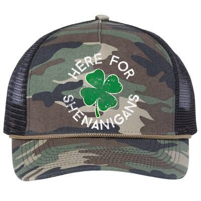 Here For Shenanigans Lucky Clover St Patrick's Day Distress Great Gift Retro Rope Trucker Hat Cap