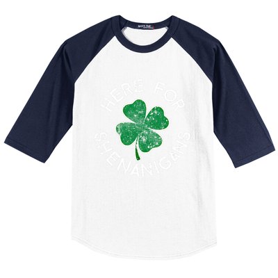 Here For Shenanigans Lucky Clover St Patrick's Day Distress Great Gift Baseball Sleeve Shirt