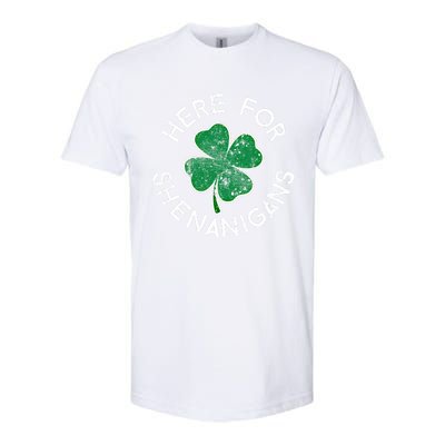 Here For Shenanigans Lucky Clover St Patrick's Day Distress Great Gift Softstyle CVC T-Shirt