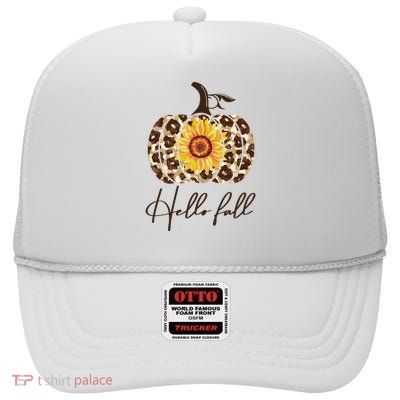 Hello Fall Sunflower Pumpkin High Crown Mesh Back Trucker Hat