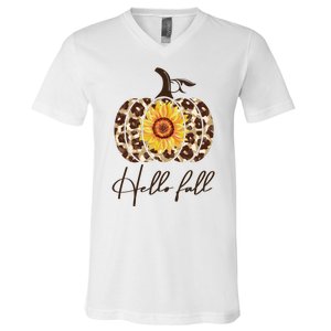 Hello Fall Sunflower Pumpkin V-Neck T-Shirt