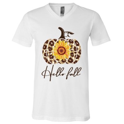 Hello Fall Sunflower Pumpkin V-Neck T-Shirt