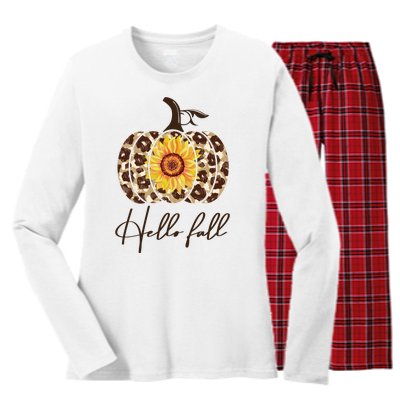 Hello Fall Sunflower Pumpkin Women's Long Sleeve Flannel Pajama Set 