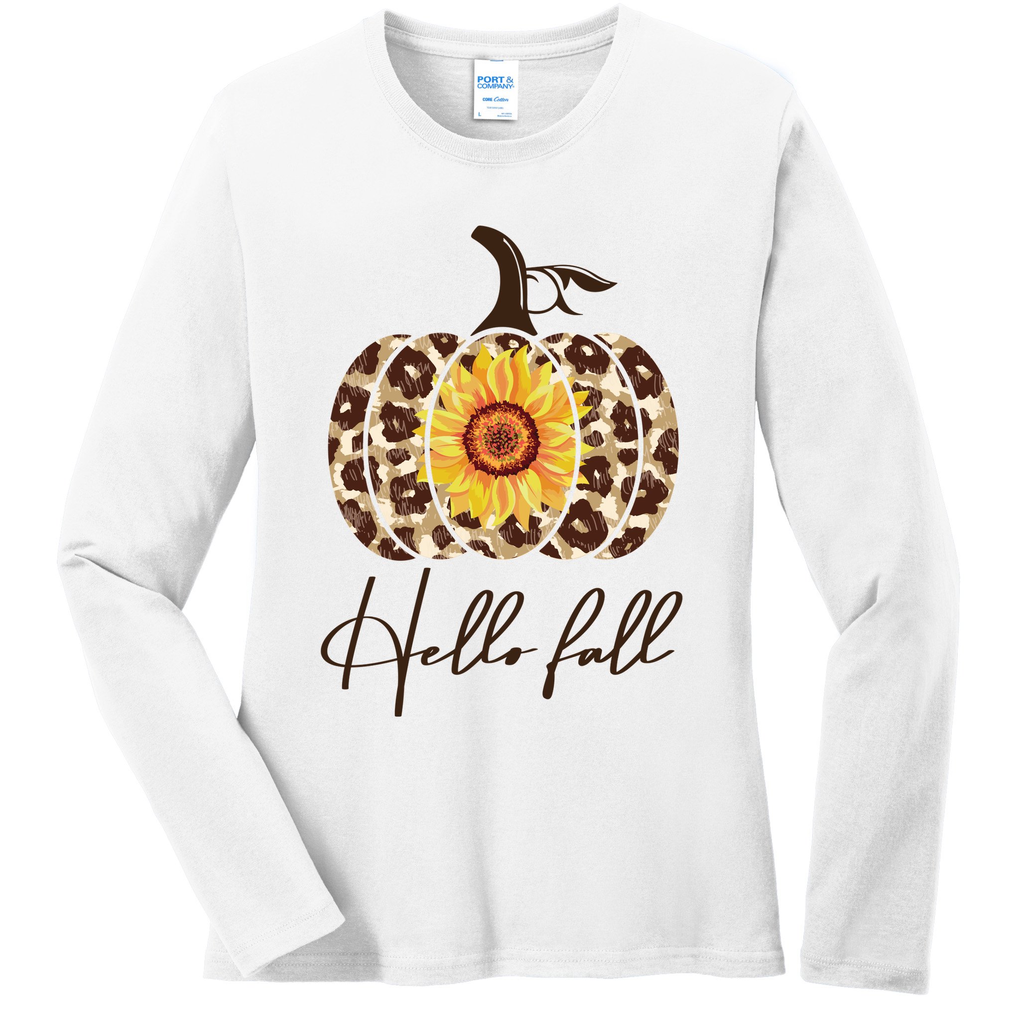 Hello Fall Sunflower Pumpkin Ladies Long Sleeve Shirt