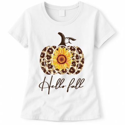 Hello Fall Sunflower Pumpkin Womens T-Shirt