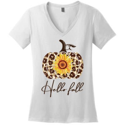 Hello Fall Sunflower Pumpkin Women's V-Neck T-Shirt