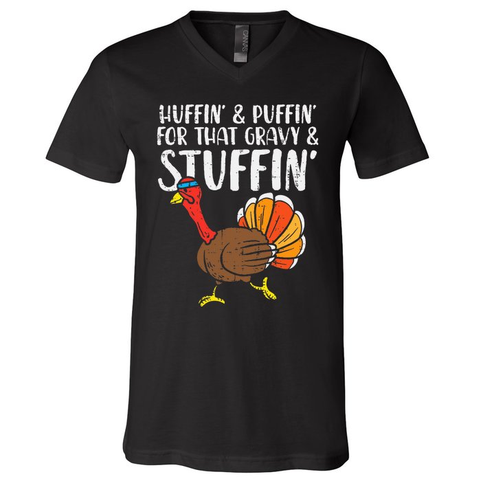 Huffin For Stuffin Running Turkey V-Neck T-Shirt