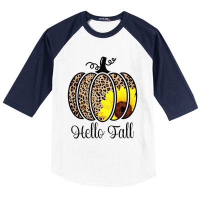 Hello Fall Sunflower Pumpkin Fall YAll Leopard Autumn Baseball Sleeve Shirt