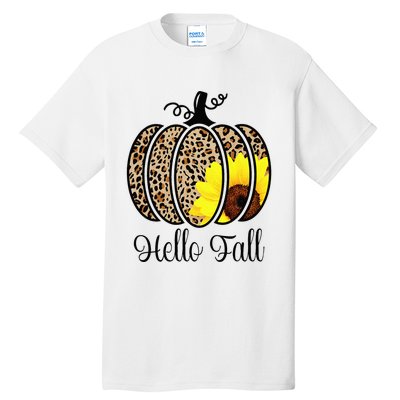 Hello Fall Sunflower Pumpkin Fall YAll Leopard Autumn Tall T-Shirt