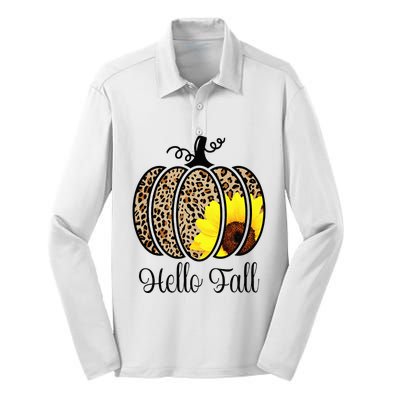 Hello Fall Sunflower Pumpkin Fall YAll Leopard Autumn Silk Touch Performance Long Sleeve Polo