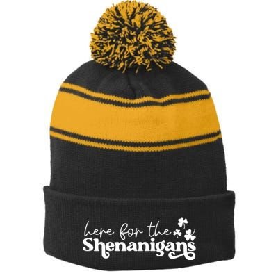 Here For Shenanigans Lucky Shamrock St Patricks Day Stripe Pom Pom Beanie