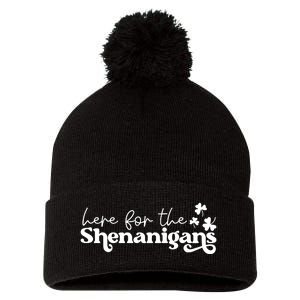 Here For Shenanigans Lucky Shamrock St Patricks Day Pom Pom 12in Knit Beanie