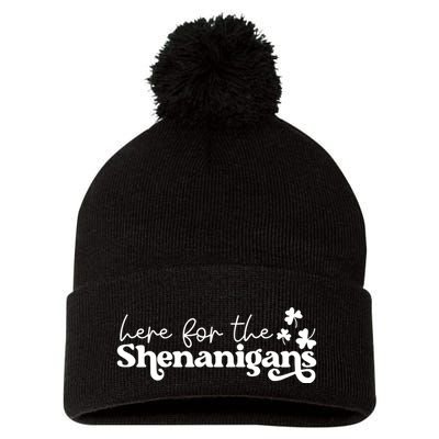 Here For Shenanigans Lucky Shamrock St Patricks Day Pom Pom 12in Knit Beanie