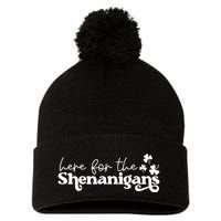 Here For Shenanigans Lucky Shamrock St Patricks Day Pom Pom 12in Knit Beanie