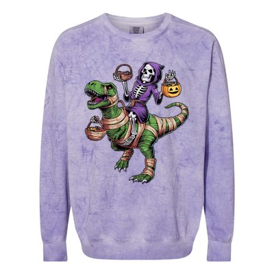 Halloween Funny Skeleton Riding Mummy Dinosaur Trex Great Gift Colorblast Crewneck Sweatshirt