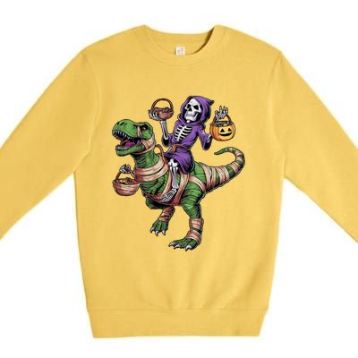 Halloween Funny Skeleton Riding Mummy Dinosaur Trex Great Gift Premium Crewneck Sweatshirt