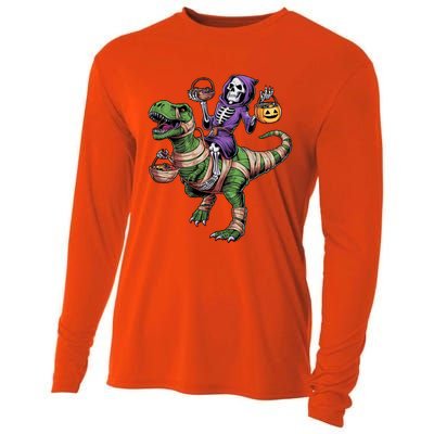 Halloween Funny Skeleton Riding Mummy Dinosaur Trex Great Gift Cooling Performance Long Sleeve Crew