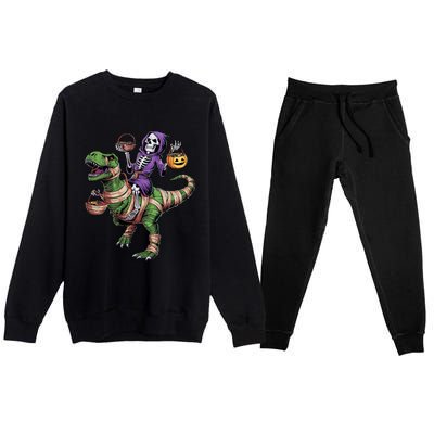 Halloween Funny Skeleton Riding Mummy Dinosaur Trex Great Gift Premium Crewneck Sweatsuit Set